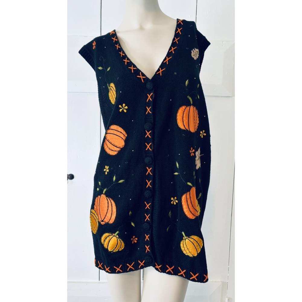 Vintage Basic Editions Sweater Vest 3X Black Halloween Pumpkin Fall Teacher 90s